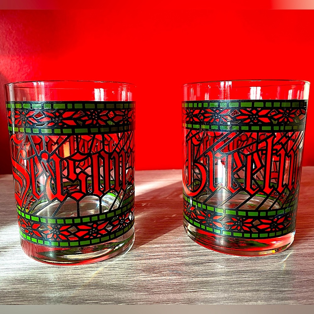 Vintage Houze Happy Holidays Holly Trimmed Glasses- Set of 4